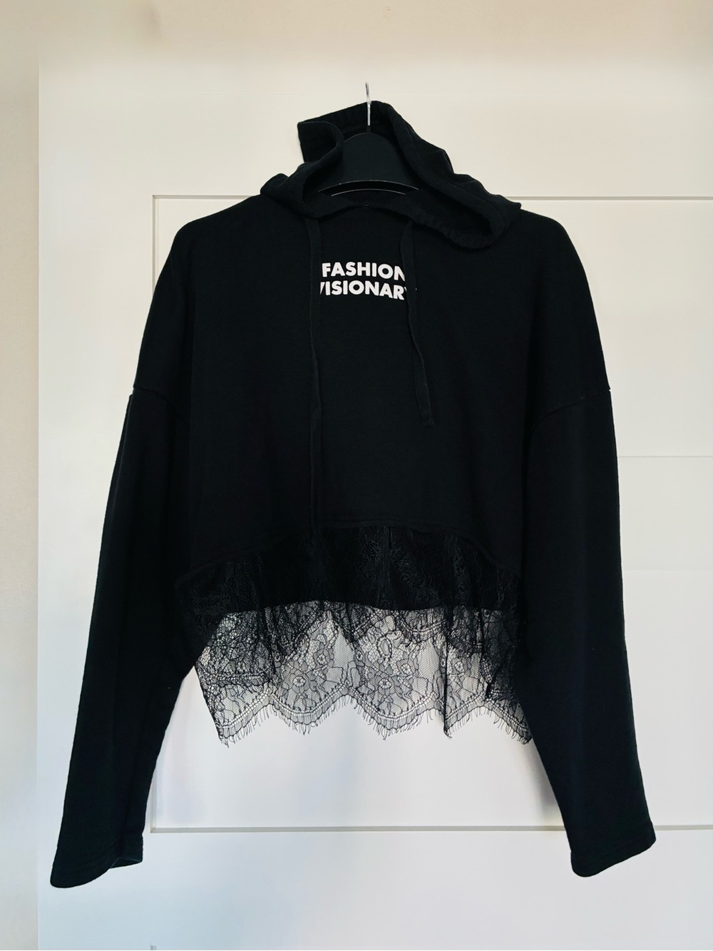 ZARA Trafaluc S Black Cropped Hoodie with Sheer Lace Hem